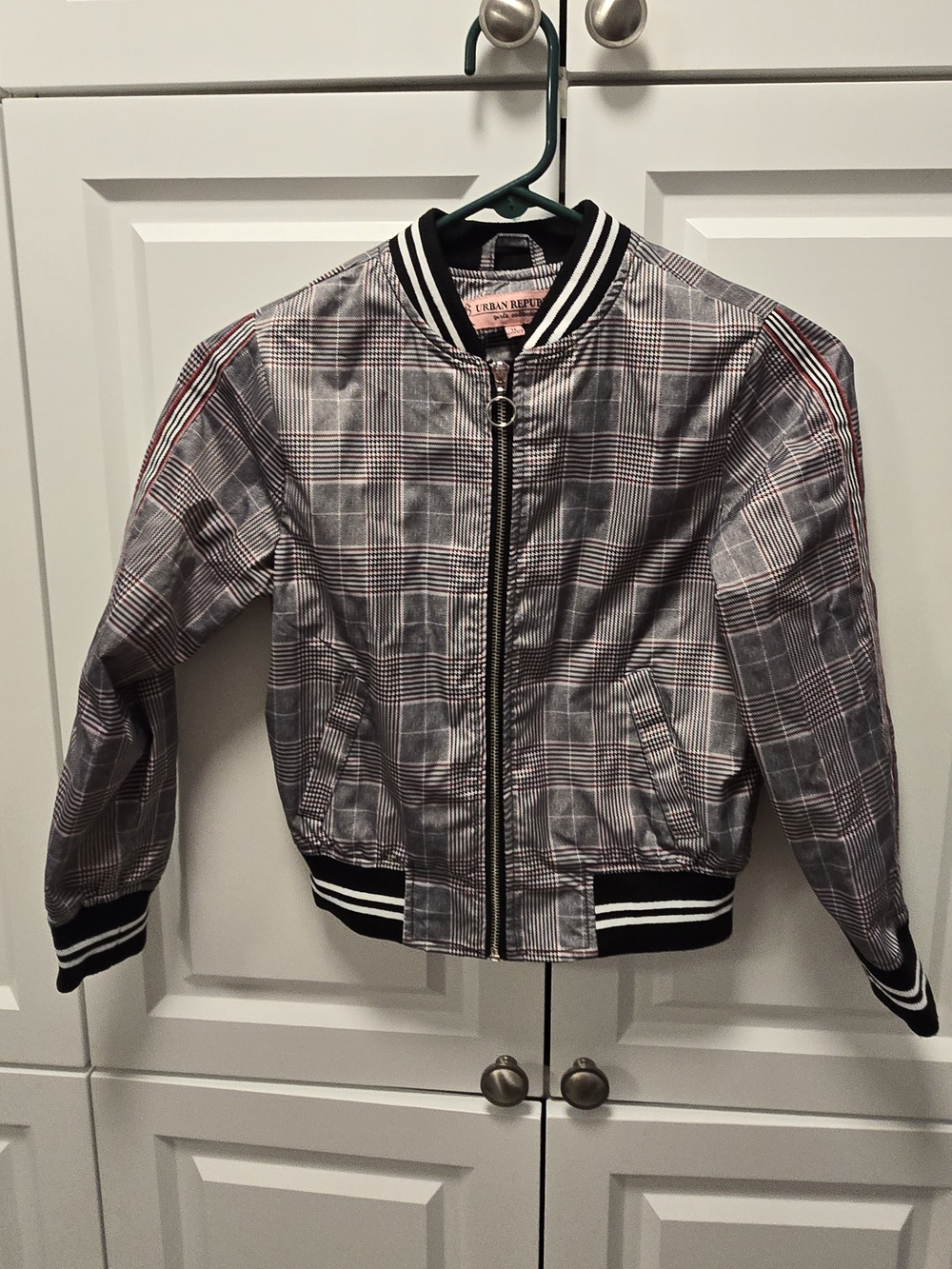 Urban Republic Girls Plaid Sateen Bomber Jacket Size 10/12 Black White Red